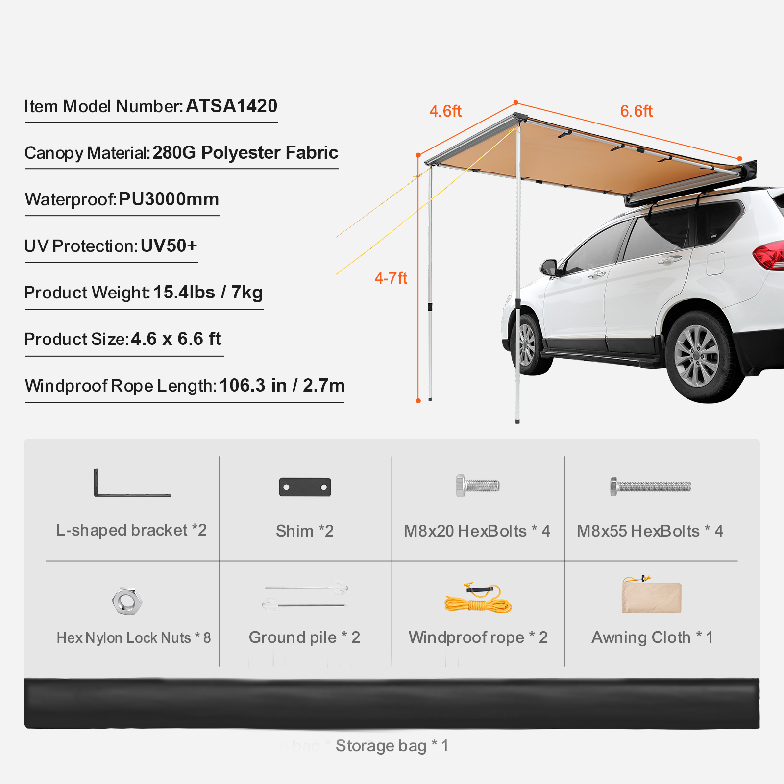 Unavailable Channels-Amazon Temu Car Side Awning, Large 4.6'x6.6' Shade Coverage Vehicle Awning, PU3000mm UV50 Retractable Car Awning With Waterproof Storage Bag, Suitable For Truck, SUV, Van, Campers