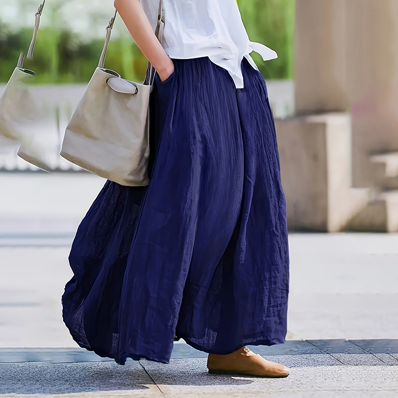 Women Bohemian Beach A Line Dress Elastic Waist Flowy Long Maxi Skirt With Pockets Dark Blue - Shop at LoveMi