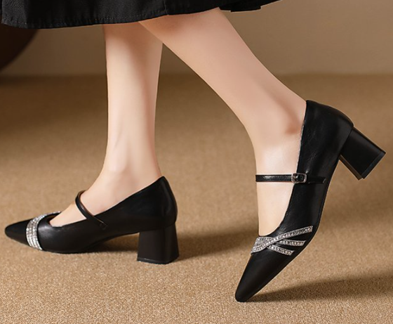 Women French Rhinestone Fashion Heels, Elegant Pointed Toe One Strap Mary Jane Shoes, 2026 New Block Heel Dress Shoes