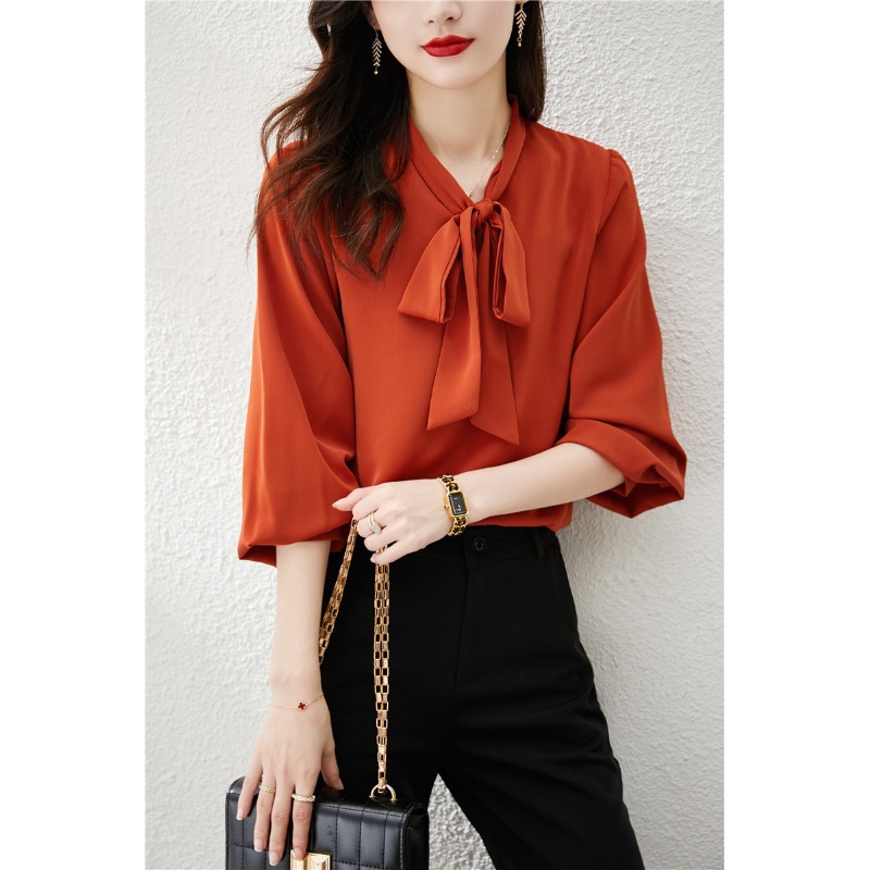 Solid Color Lace-up Bowknot V-neck Loose Long-sleeved Shirt