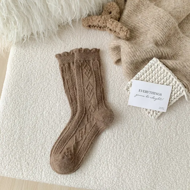 Autumn And Winter Thickening Diamond shaped Milk Curry Color System Wool Mid thigh Socks Light Curry - Shop at LoveMi