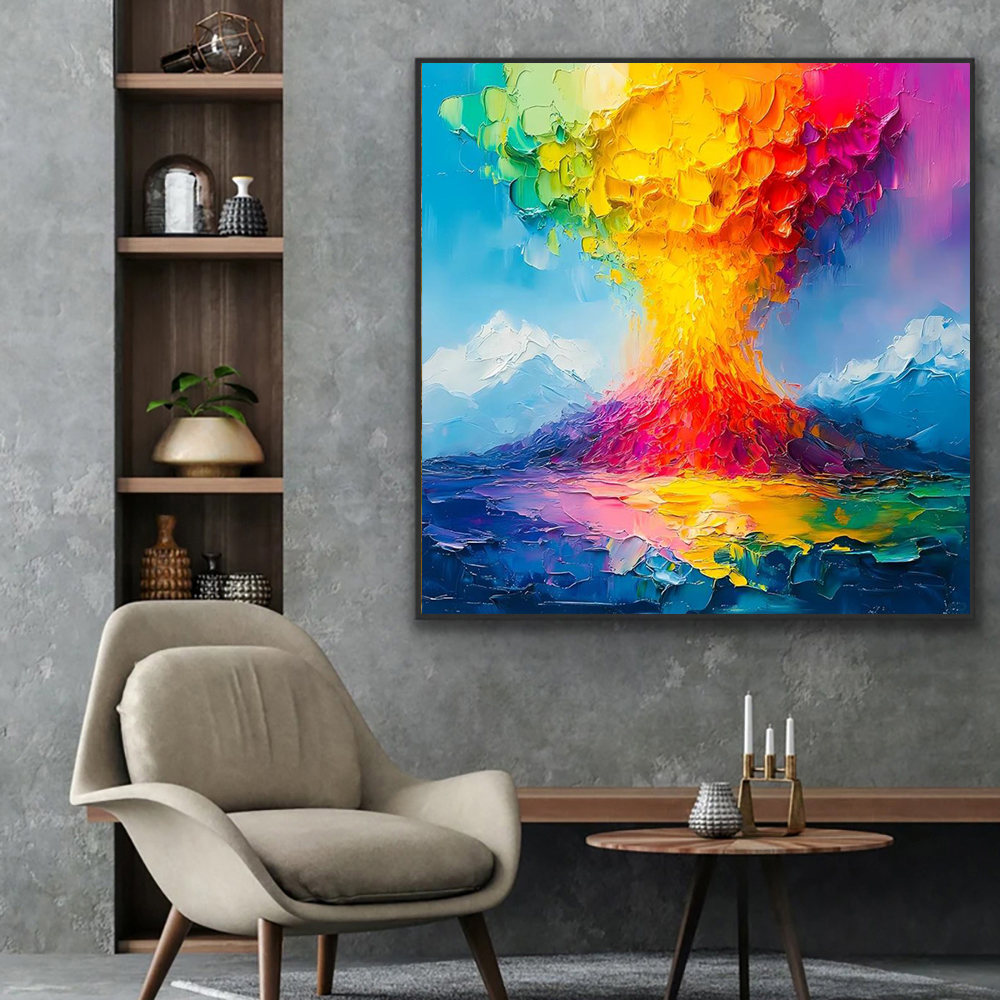 New Design Orange And Blue Volcano Knife Thick Canvas Artwork Handmade Oil Painting Volcanic Eruption Landscape Wall Decoration