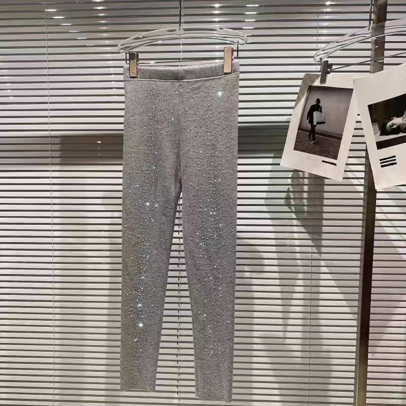 Hot Rhinestone Elastic Waist Thinner Plus Velvet Thickened Leggings Light Grey - Shop at LoveMi