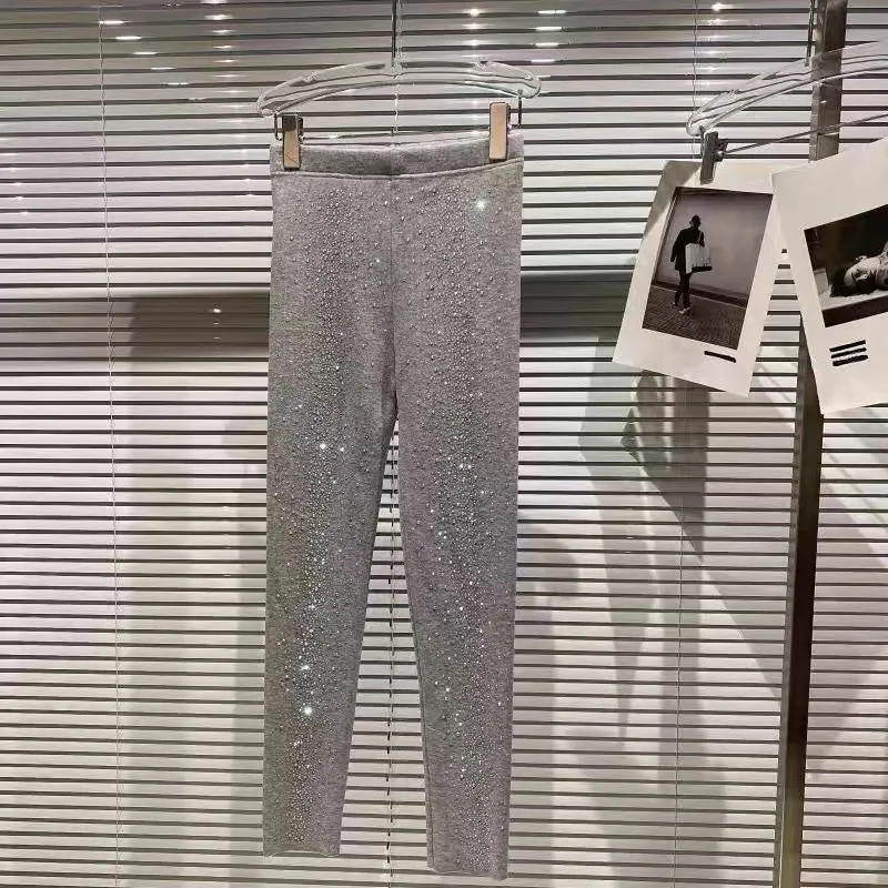 Hot Rhinestone Elastic Waist Thinner Plus Velvet Thickened Leggings - Grey