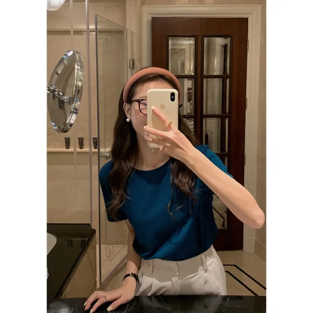 Women's Solid Color Round Neck Loose And Slim Short Sleeve T shirt Sea Blue - Shop at LoveMi