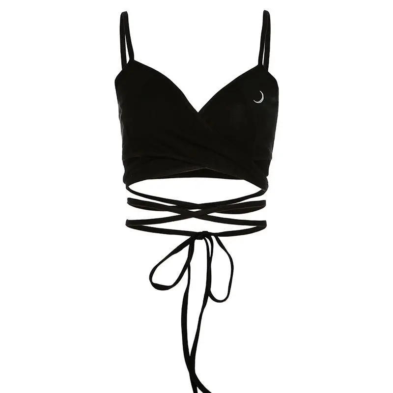 Moon Print Cross Strap Suspender Vest Short Style Crop Top For Women - Black