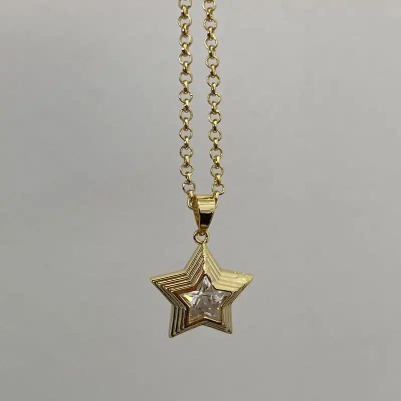Copper Inlaid Zircon Five Point Star Pendant Necklace Female