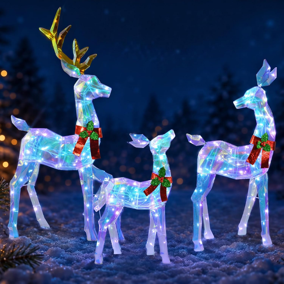 48 INCH  3 Piece 2.5D Colorful Lighted Christmas Deer Family Outdoor Decorations, Clear-Look Reindeer Set With 145 Lights, Gold Antlers, Stakes And Zip Ties For Yard Lawn Porch Garden Holiday Decor 3