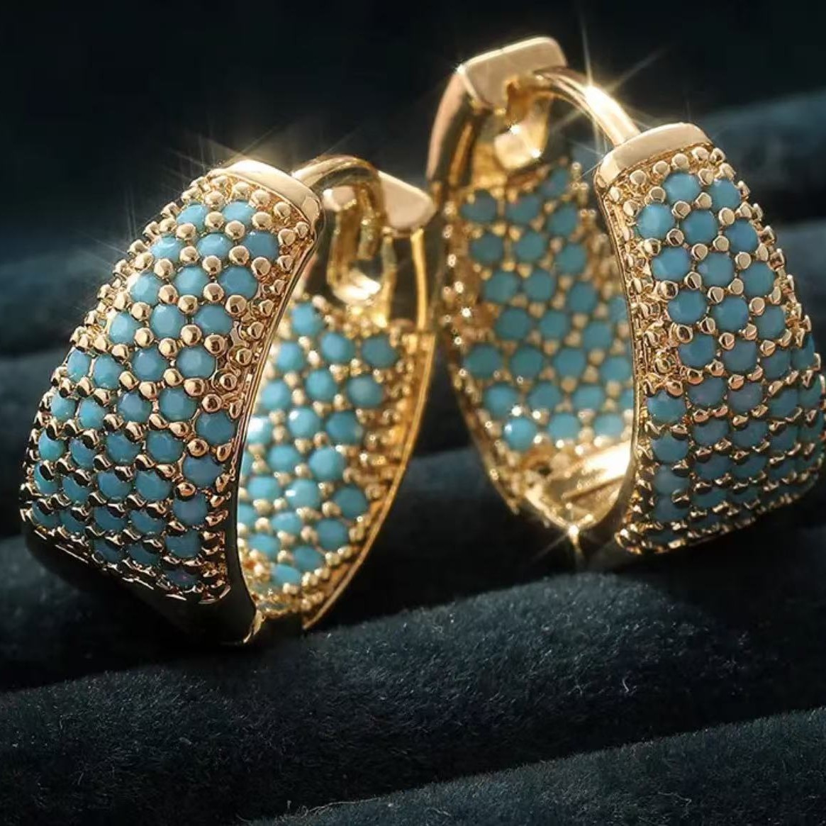 18K Gold Plated Copper Hoop Earrings Decorated With Teardrop Blue Turquoise And Shiny Multicolored Cubic Zirconia, Elegant Trendy Women Ear Ornaments