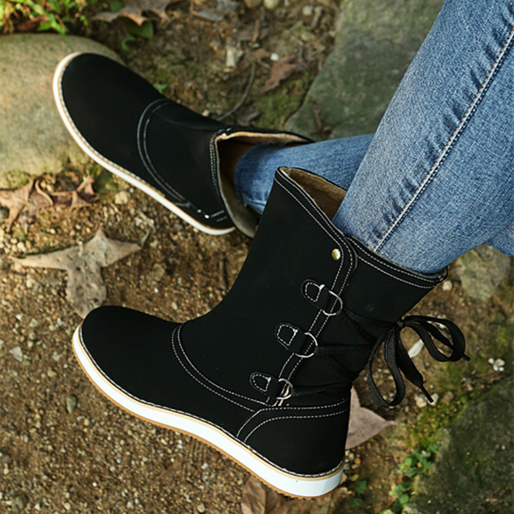 Low Heel Platform Boots Back Lace up Shoes Women Cowgirl Boots Black - Shop at LoveMi