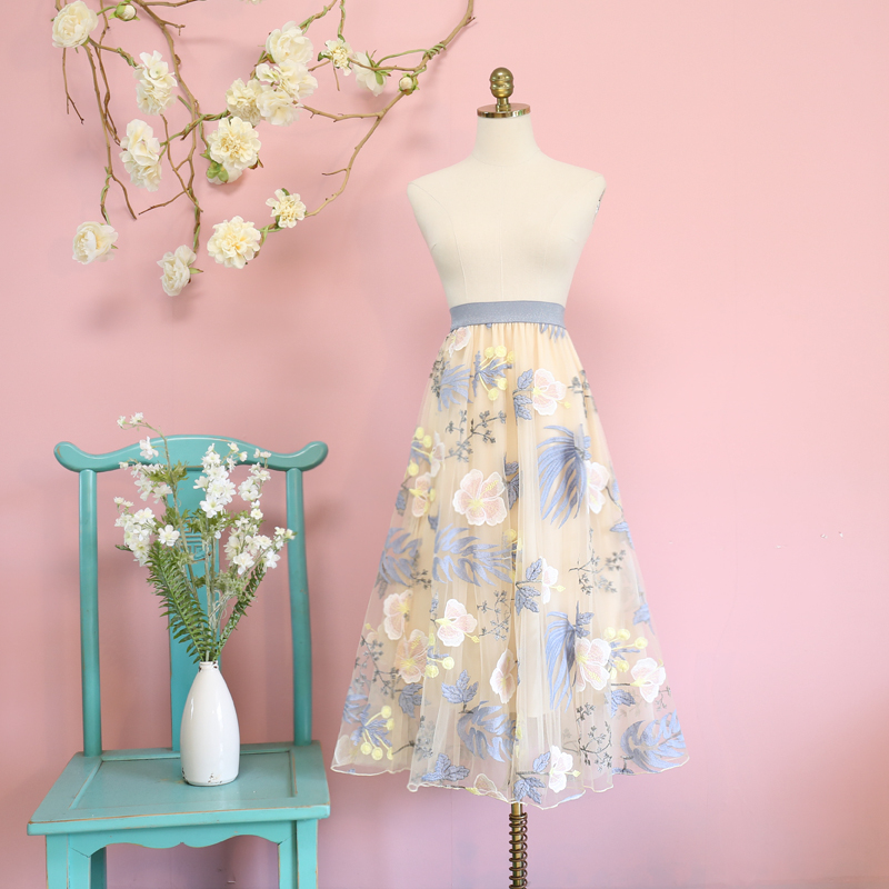 New Mesh Floral High Waisted Elastic Skirt