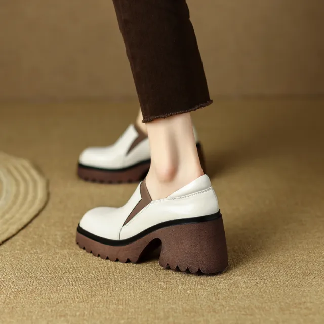 Retro Style Single Shoes Chunky Heel Platform Slipon Beige - Shop at LoveMi