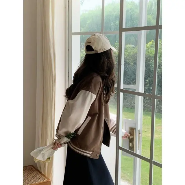 Women's Baseball Uniform Design Loose Casual Jacket Brown - Shop at LoveMi