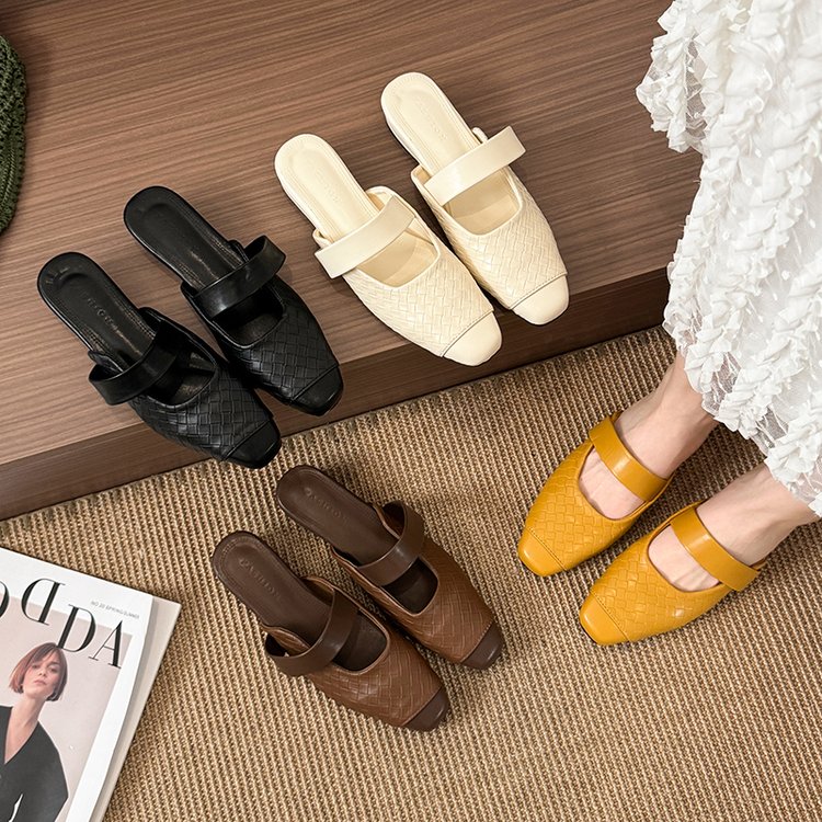 Slope Heel Splicing Slippers For Women, Woven Half Slippers For Outerwear, Square Toe Shoes