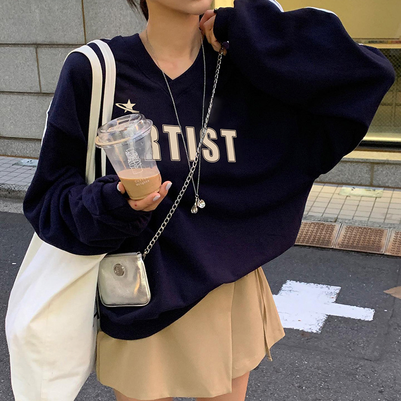 Women's Striped V-neck Patchwork Pullover Sweater Top