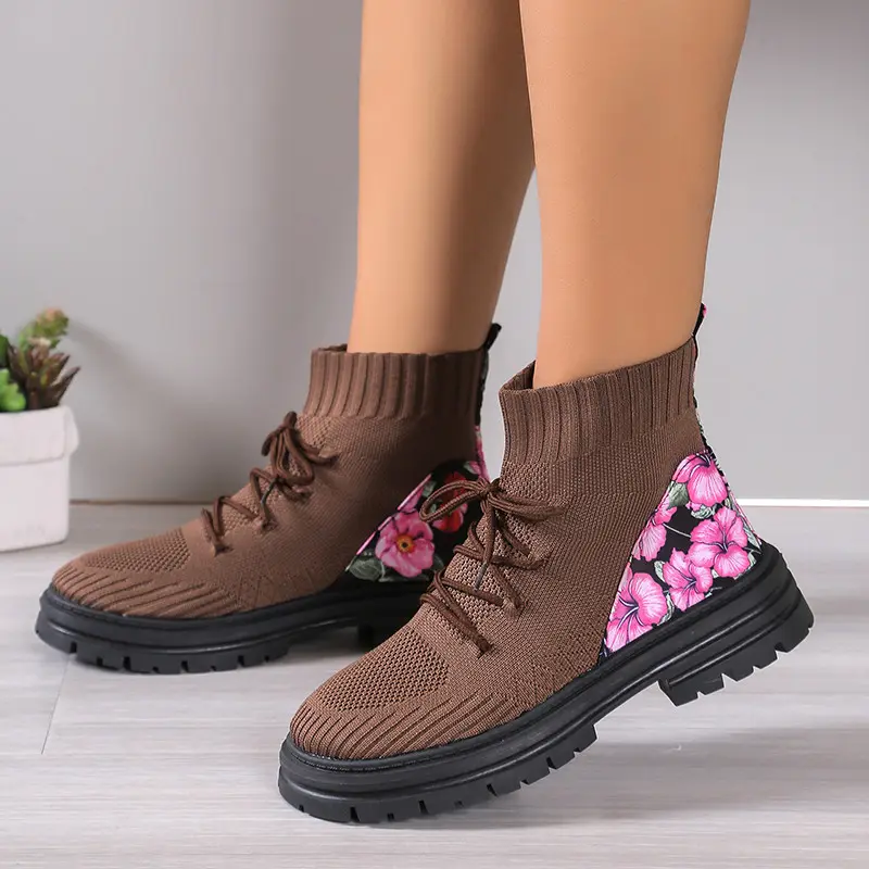 Flowers Print Sock Boots Knitted Mesh Shoes Breathable High-top