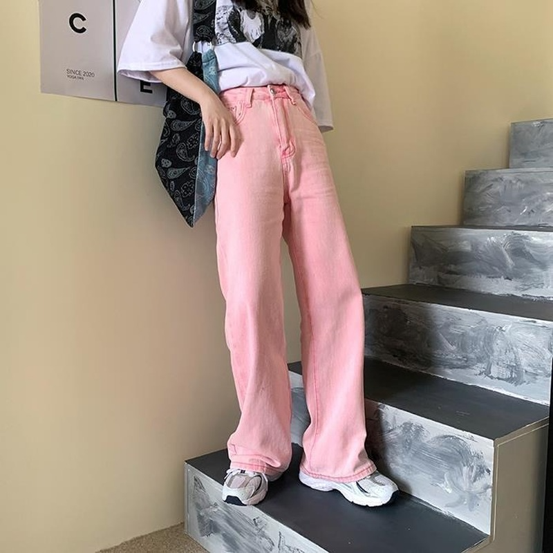 Fashion High Waist Frayed Light colored Denim Trousers Pink - Shop at LoveMi