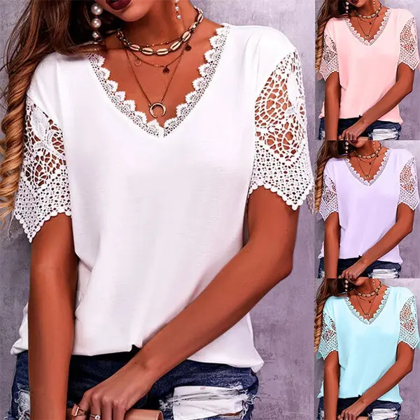 Lace Tops Women Summer Loose V Neck Short Sleeve