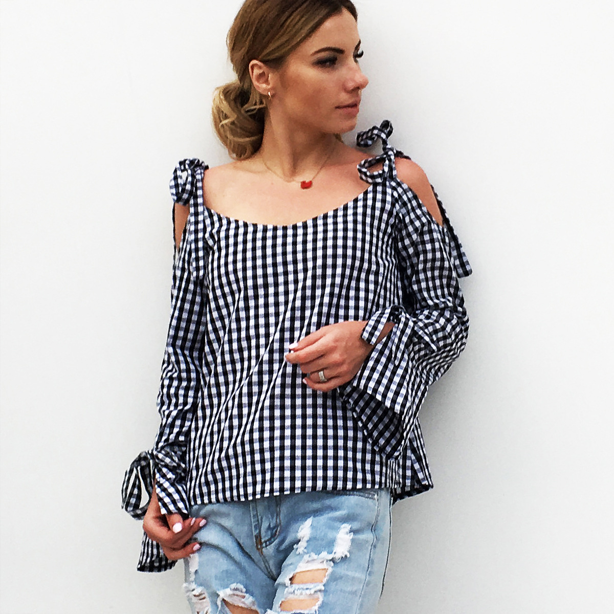 Title 4, Lace-Up Strapless Long-Sleeved Bow Shirt