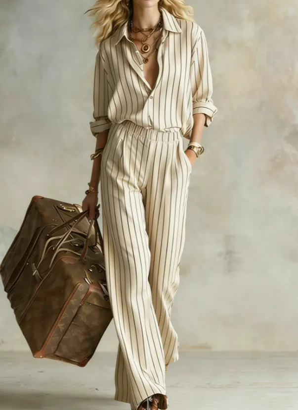 Vertical Striped Collared Loose Long sleeved Shirt And Wide leg Pants Suit Beige - Shop at LoveMi