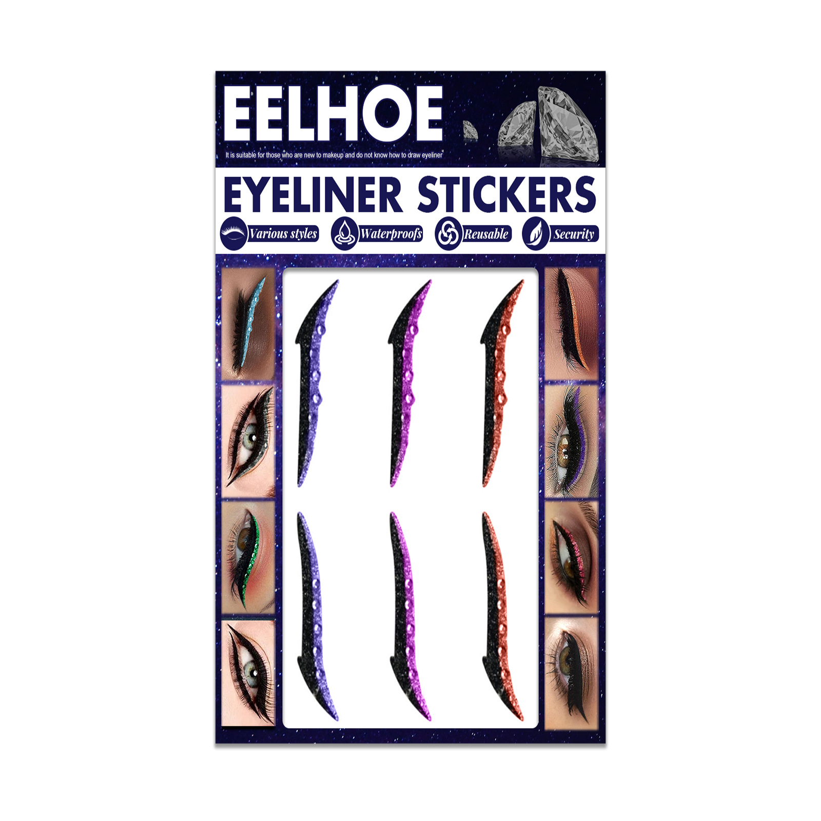 Colored Diamonds Eyelid Line Sticker Waterproof Self adhesive Eye Liner Eyeliner Stickers Party Sexy Cat Eyes Beauty Makeup Tool 3 Style - Shop at LoveMi