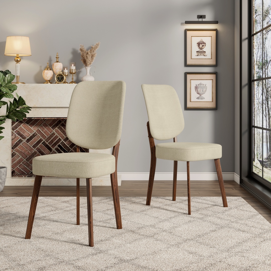 Dellers Mid-Century Modern Upholstered Dining Chairs In Oatmeal With Dark Brown Solid Wood Legs Set Of 2