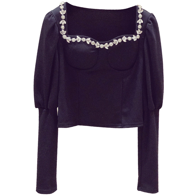 French Blouse Women Spring Dress Temperament Square Collar Exposed Collarbone Slim Fit