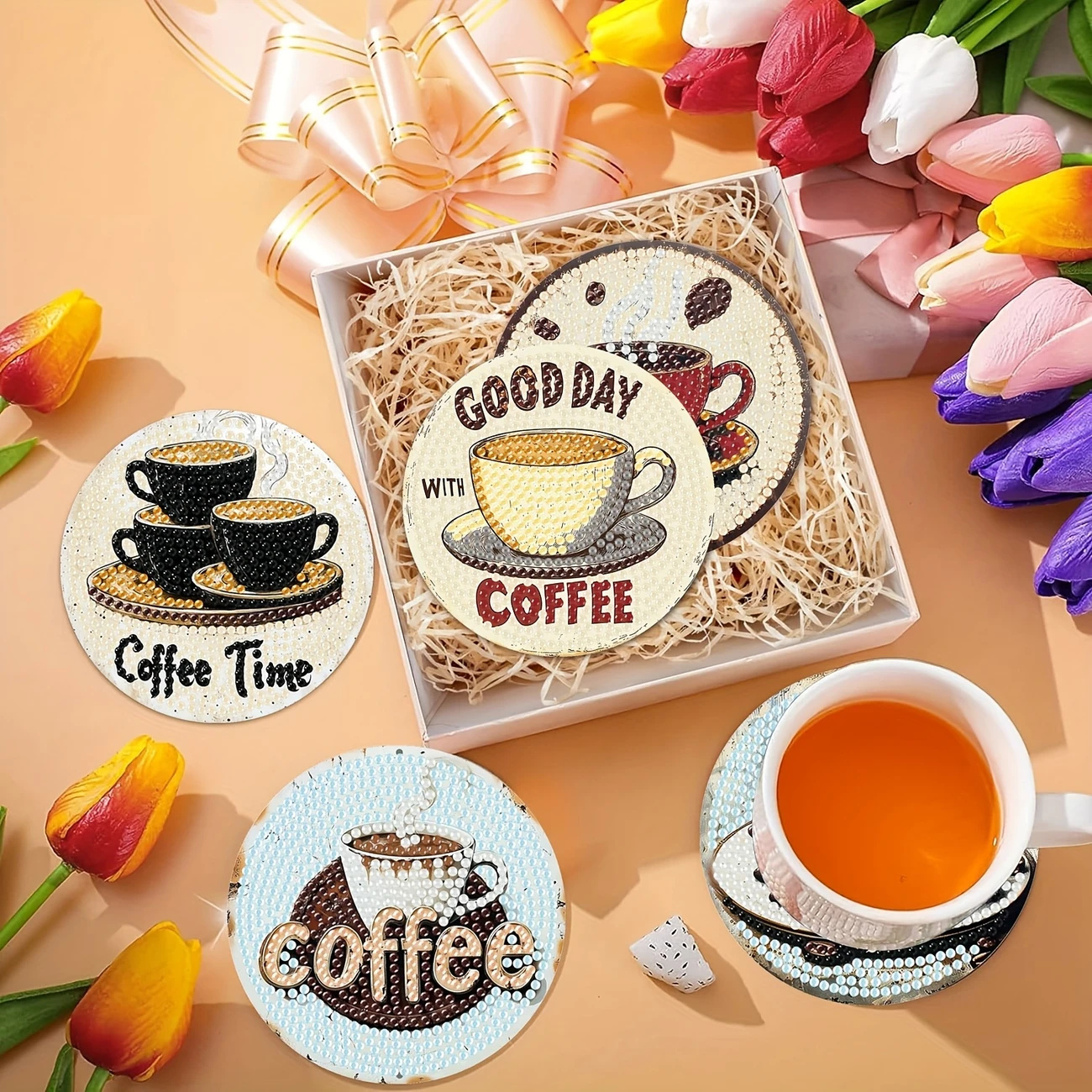 Diamond Art Drawing Coaster With Bracket, DIY Coffee Pattern Diamond Art Coaster, Suitable For Adults And Beginners Diamond Drawing Kit, Diamond Kit Craft Supplies, Exquisite Gifts For Friend