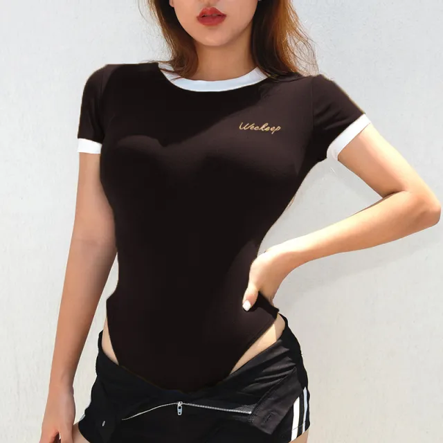 Embroidered Round Neck Short sleeved T shirt Jumpsuit Black - Shop at LoveMi