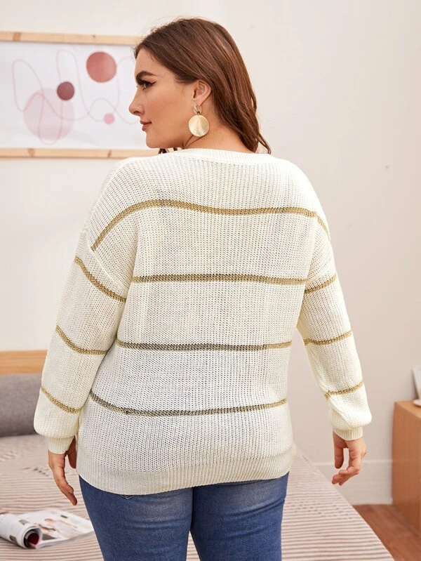 Women's Loose Striped Sweater - Retro Style Contrasting Design Knit Top, Lazy Round Neck Pullover, Autumn And Winter Fashion Style