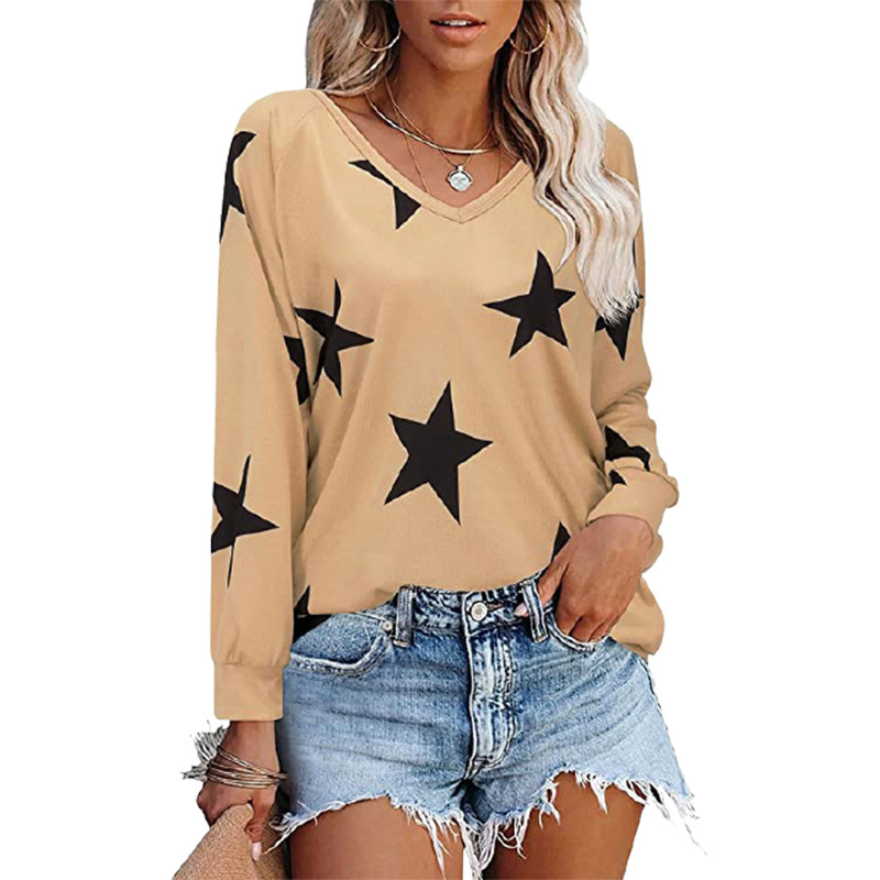 Five-pointed Star Print V-neck Long-sleeved Sweater T-shirt Women