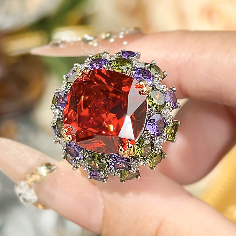 Luxury Oval Cut Simulated Emerald Ring, Multi Color Gemstone Pave Setting Statement Ring For... thumbnail 4