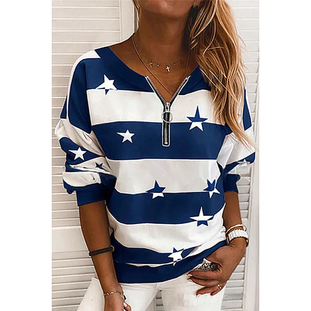 Striped Printed Long Sleeved Zipper Loose Casual Sweater Blue - Shop at LoveMi