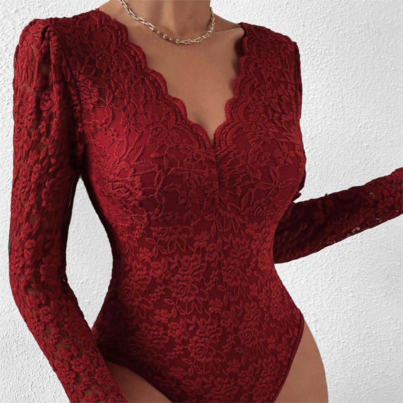 Title 14, Solid Color Lace Long Sleeve Hot Girl See-throu...