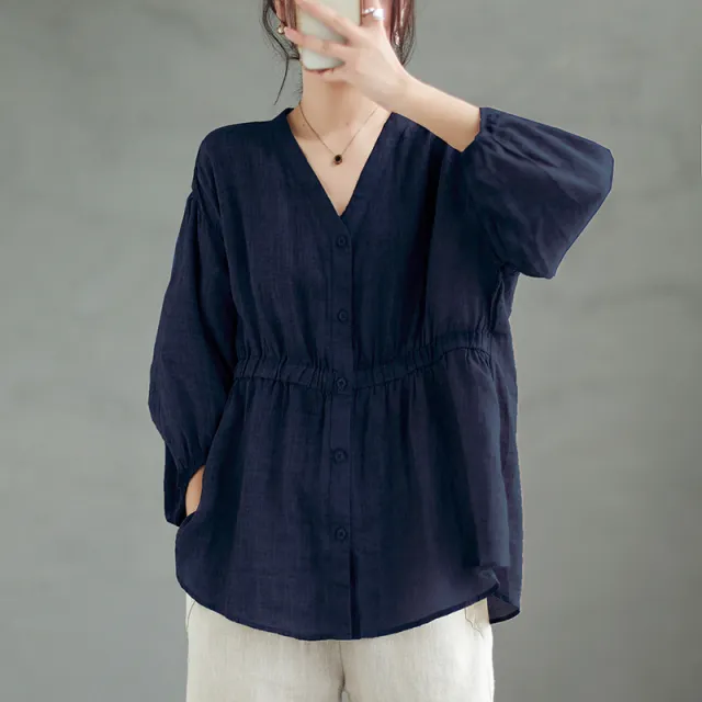 Tiansi Ramie New V neck Shirt For Women Loose Fitting Blue - Shop at LoveMi