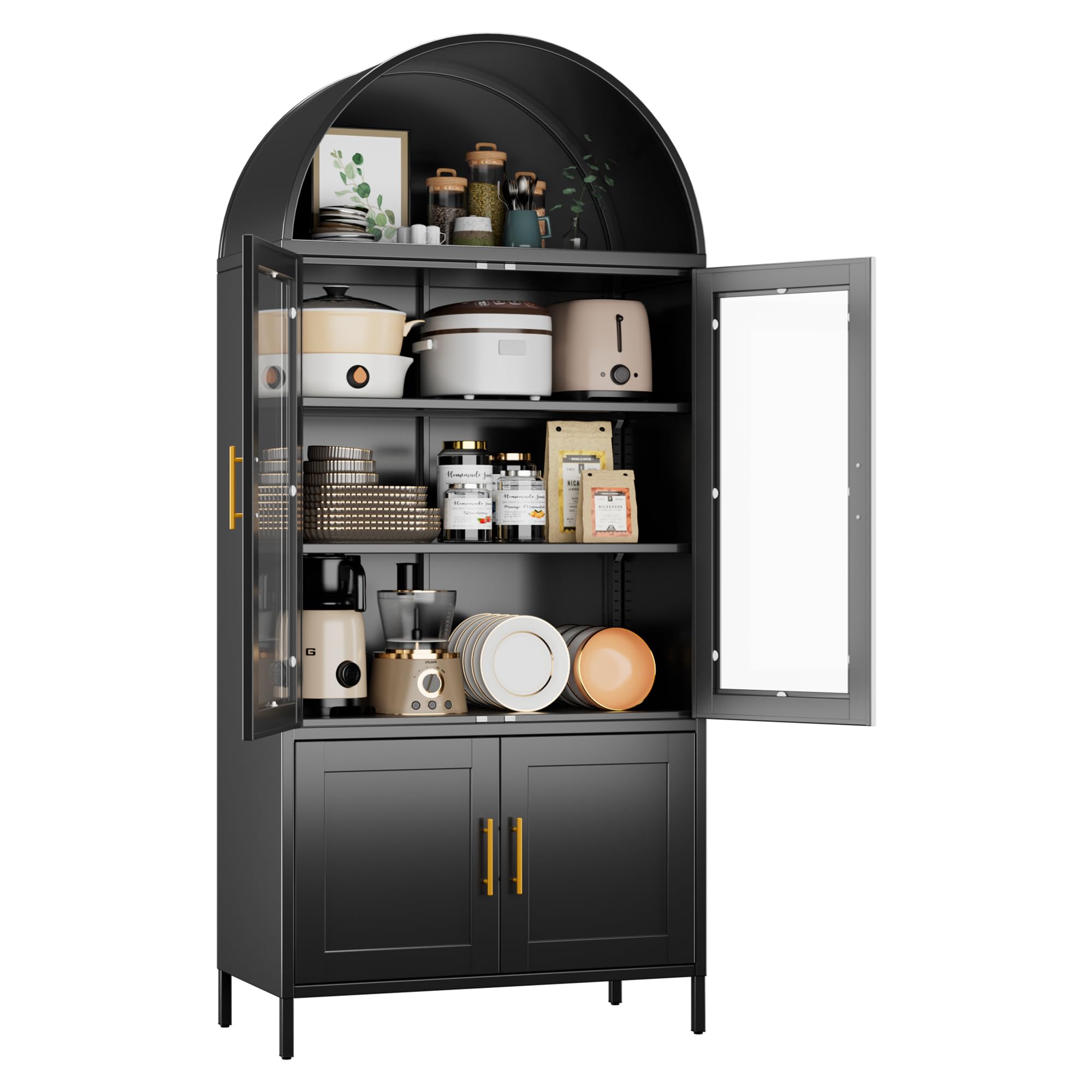 78.7inch H Metal Arched Cabinet,Kitchen Pantry Cabinet With Doors And Shelves, Arched Bookcase For Home Office Bar Living Room, Assemble Require,Black - Image 1
