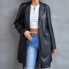Women's Leather Slim Long-sleeved Windbreaker Blazer Top - Black - View 1