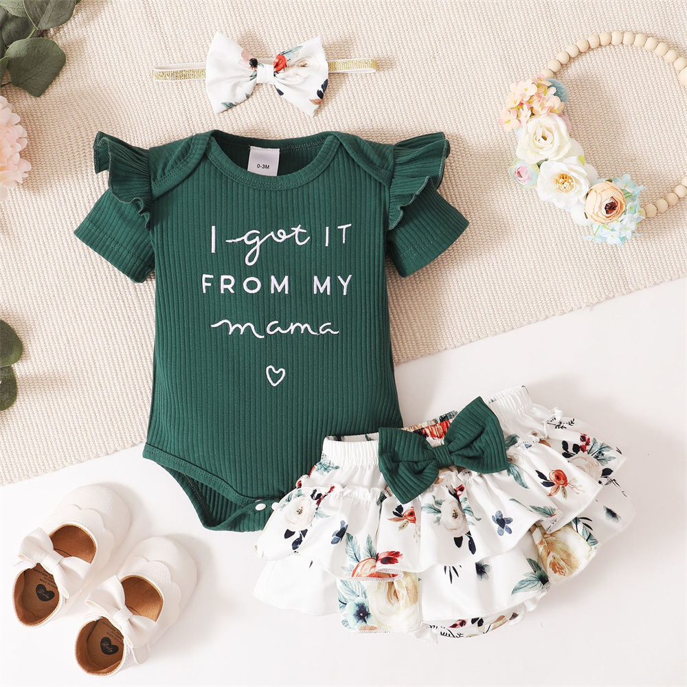 Girls' Three-piece Khaki Dress Set Printing