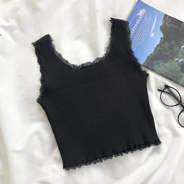 Vintage paneled Lace trimmed Cropped Camisole Black - Shop at LoveMi