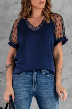 Lace Short Sleeve Top Ladies Slim Fit V-Neck Pullover T-Shirt - Blue - View 1