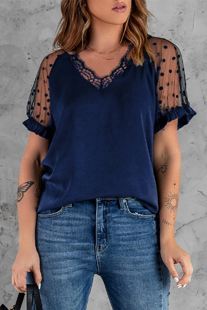 Lace Short Sleeve Top Ladies Slim Fit V-Neck Pullover T-Shirt - Blue