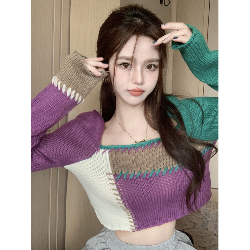 Paneled Cropped Loose Long Sleeve Square Neck Sweater