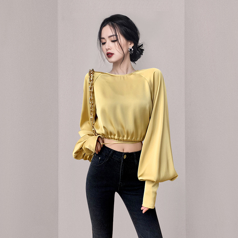 Women's Round Neck Single Breasted Balloon Sleeve Tie Cropped Shirt