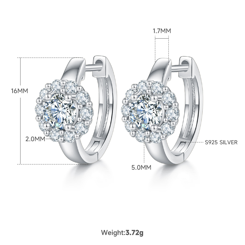 S925 Sterling Silver 5mm Moissanite Hoop Earrings  16mm Halo Huggie Hoops With GRA Certificate, Platinum Plated Jewelry Gift Box Set For Women