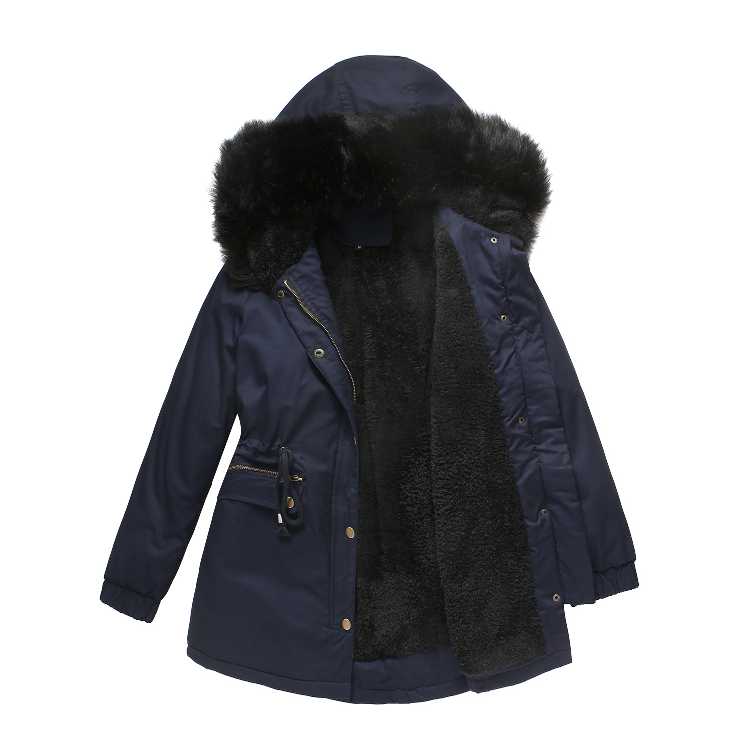 Hooded Warm Jacket With Fur Collar Loose Cotton Navy - Shop at LoveMi