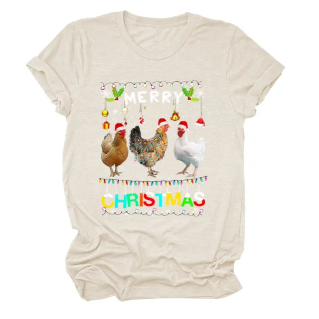 Europe And The United States Christmas Printed Casual Ladies Short sleeved T shirt Sand Color - Shop at LoveMi