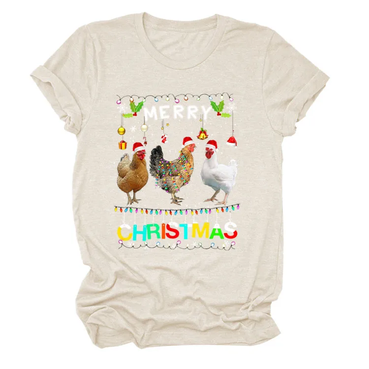 Europe And The United States Christmas Printed Casual Ladies Short-sleeved T-shirt - Sand Color