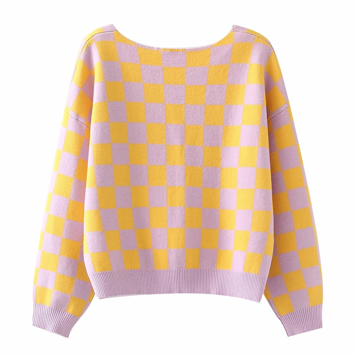 Title 2, Yellow Checkerboard Pattern V-neck Loose Sweater