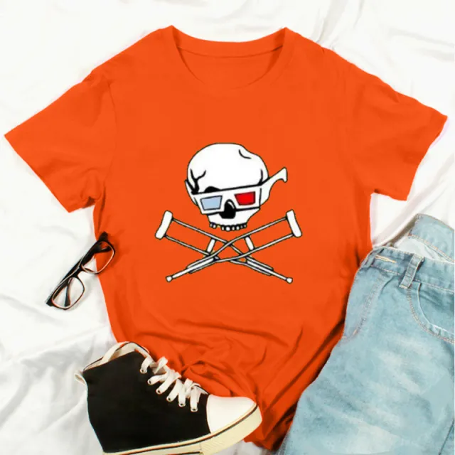 New Summer Skull Print Fashion Short Sleeved T Shirt Top Orange - Shop at LoveMi