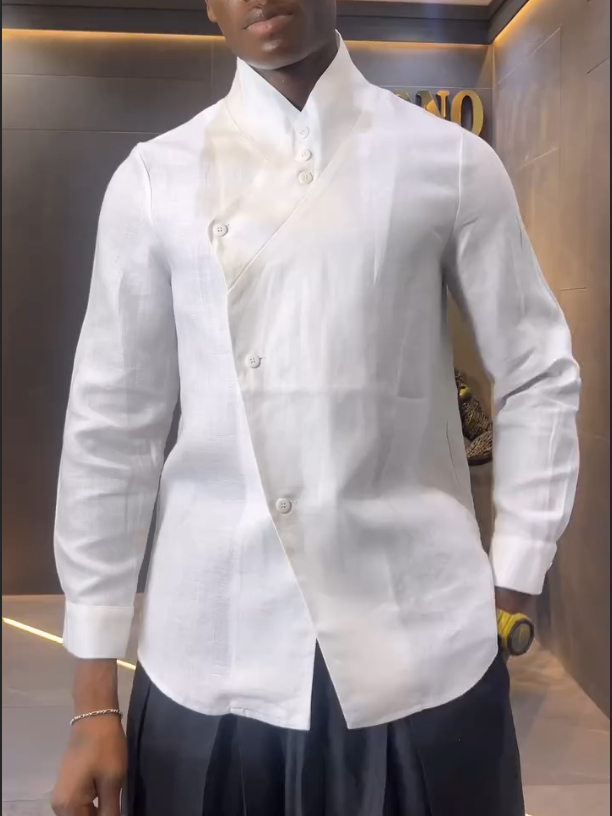 White Asymmetric - Front Long - Sleeve Shirt And Black Pleated Pants Set